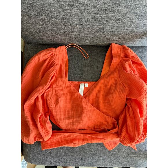 Jonathan Simkhai Mila Puff Sleeve Wrap Top in Chili XS - Picture 5 of 6